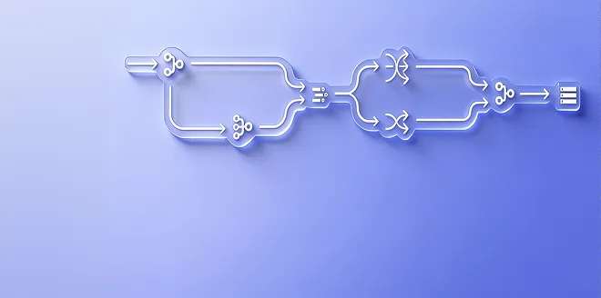 Stylized white flowchart with split, merge, and filtering symbols on a gradient light blue background.
