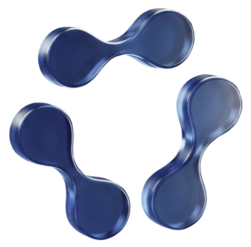 Three shiny dark blue, abstract, double-lobed shapes arranged in a rough triangular pattern on a transparent background.