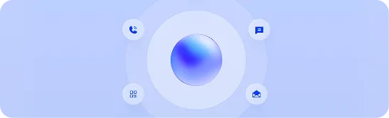 Blue sphere centered with circular icons around it representing call, chat, image, and QR code on a light blue background.