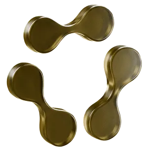 Three connected golden metallic shapes with rounded ends arranged in a circular pattern against a white background.