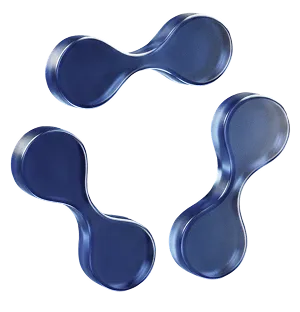 Three blue molecular-shaped 3D objects arranged in a circular pattern on a white background.