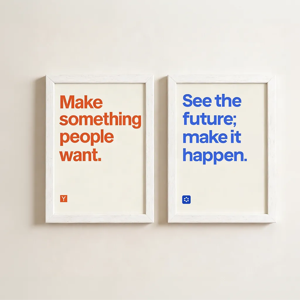 Two white-framed posters side by side on a beige wall; the left poster in red text says 'Make something people want.' and the right poster in blue text says 'See the future; make it happen.'