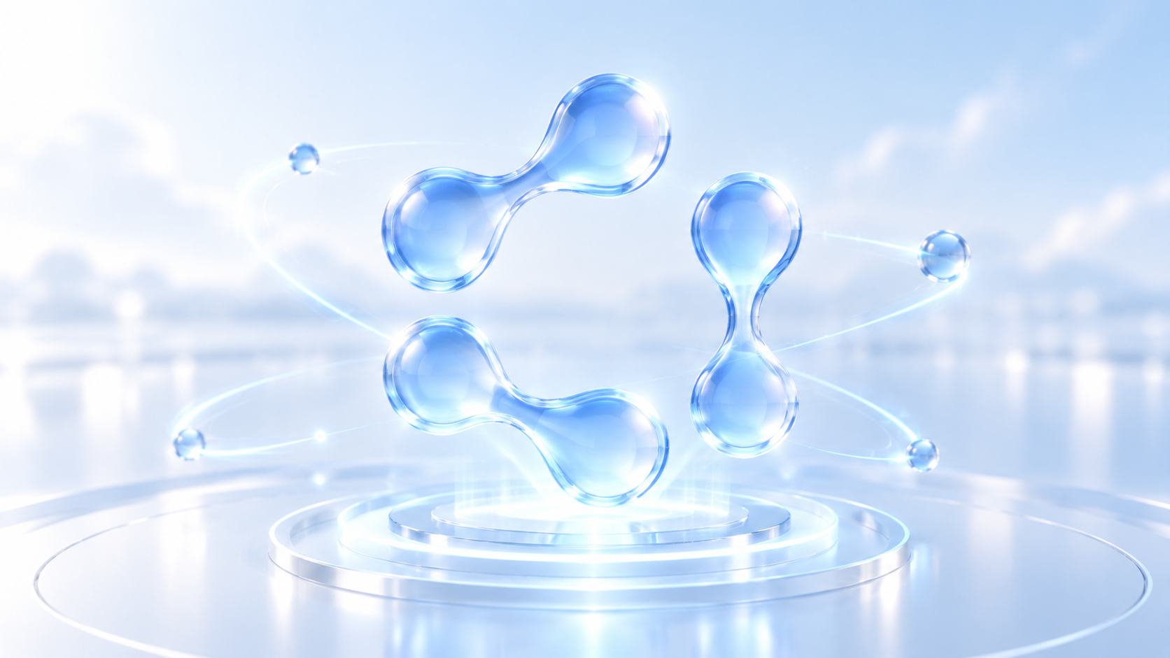 Blue glass Synthio symbol above an illuminated platform