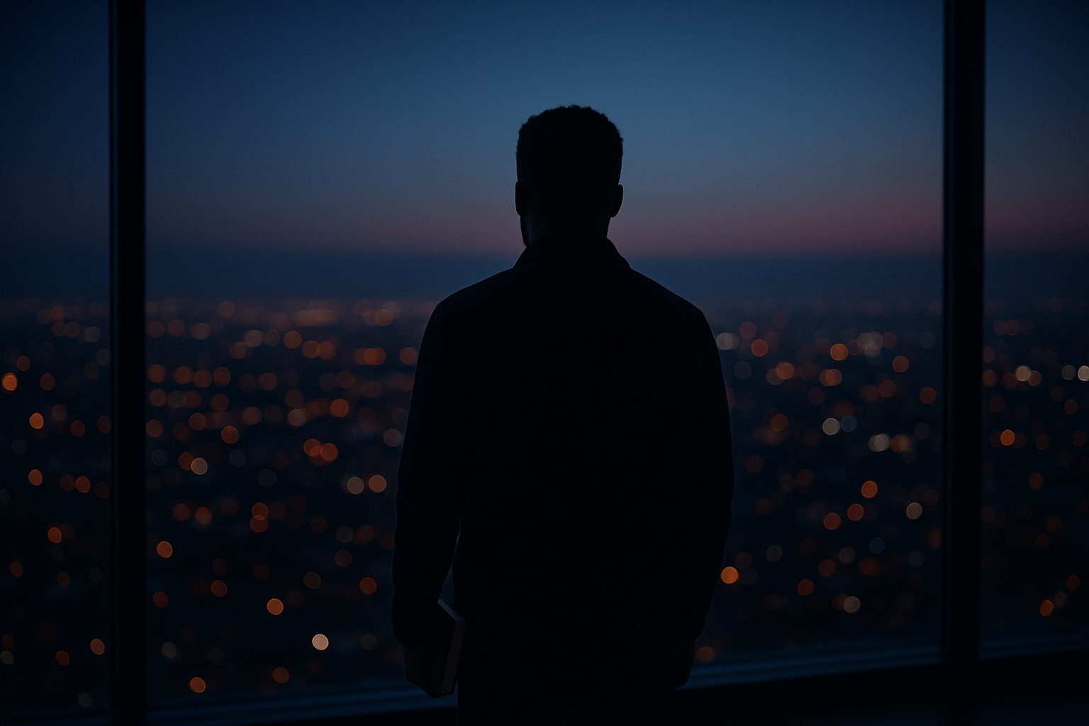 A man in darkness standing in a window overlooking a city