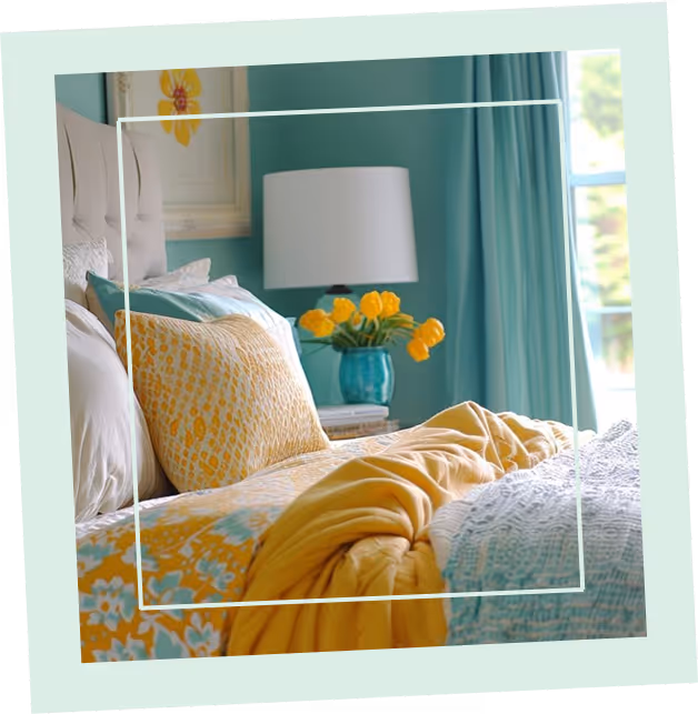 Boutique hotel bedroom with teal curtains, yellow bedding, and fresh flowers on bedside table