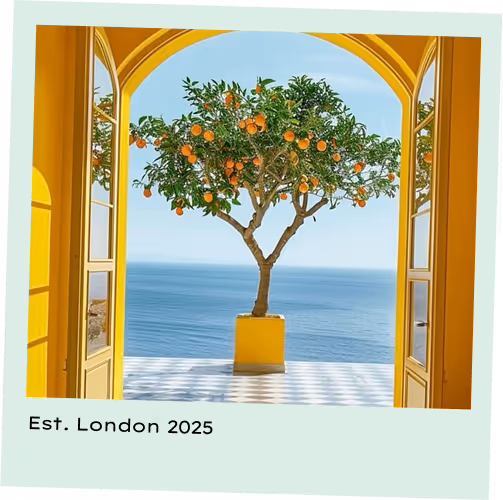 View through yellow arched doors to an orange tree and blue sea at a boutique hotel, Est. London 2025