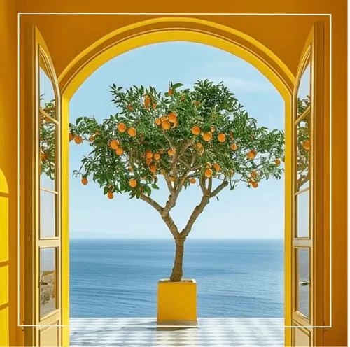 View through yellow arched doors to an orange tree and blue sea at a boutique hotel