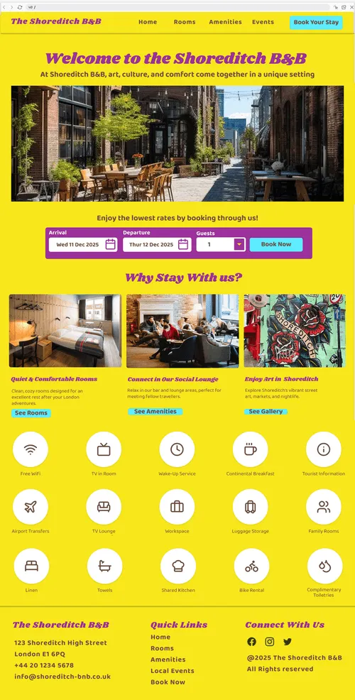 Portfolio website for The Shoreditch B&B, vibrant London bed and breakfast with bold yellow design, local art, modern rooms, and guest amenities
