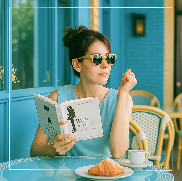 Woman reading a book at a turquoise café table with coffee and croissant, boutique hotel inspiration