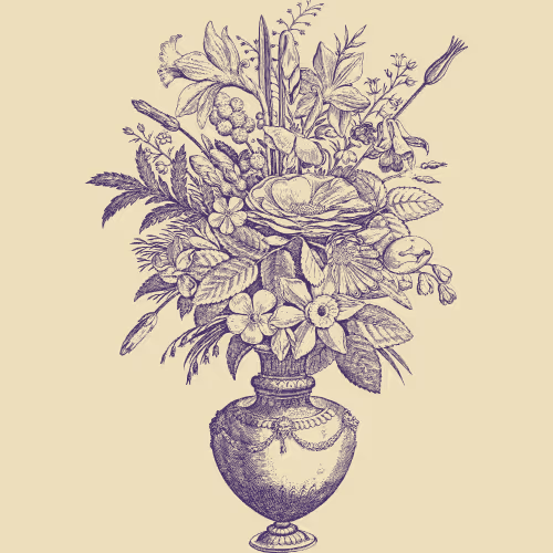 "Vintage botanical illustration of a flower bouquet in an ornate vase, drawn in purple ink on a cream background"
