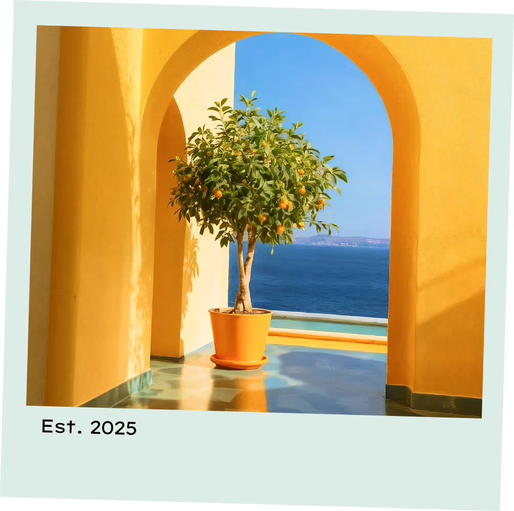"Polaroid-style photo of a potted lemon tree in a yellow courtyard overlooking the sea, captioned Est. 2025."