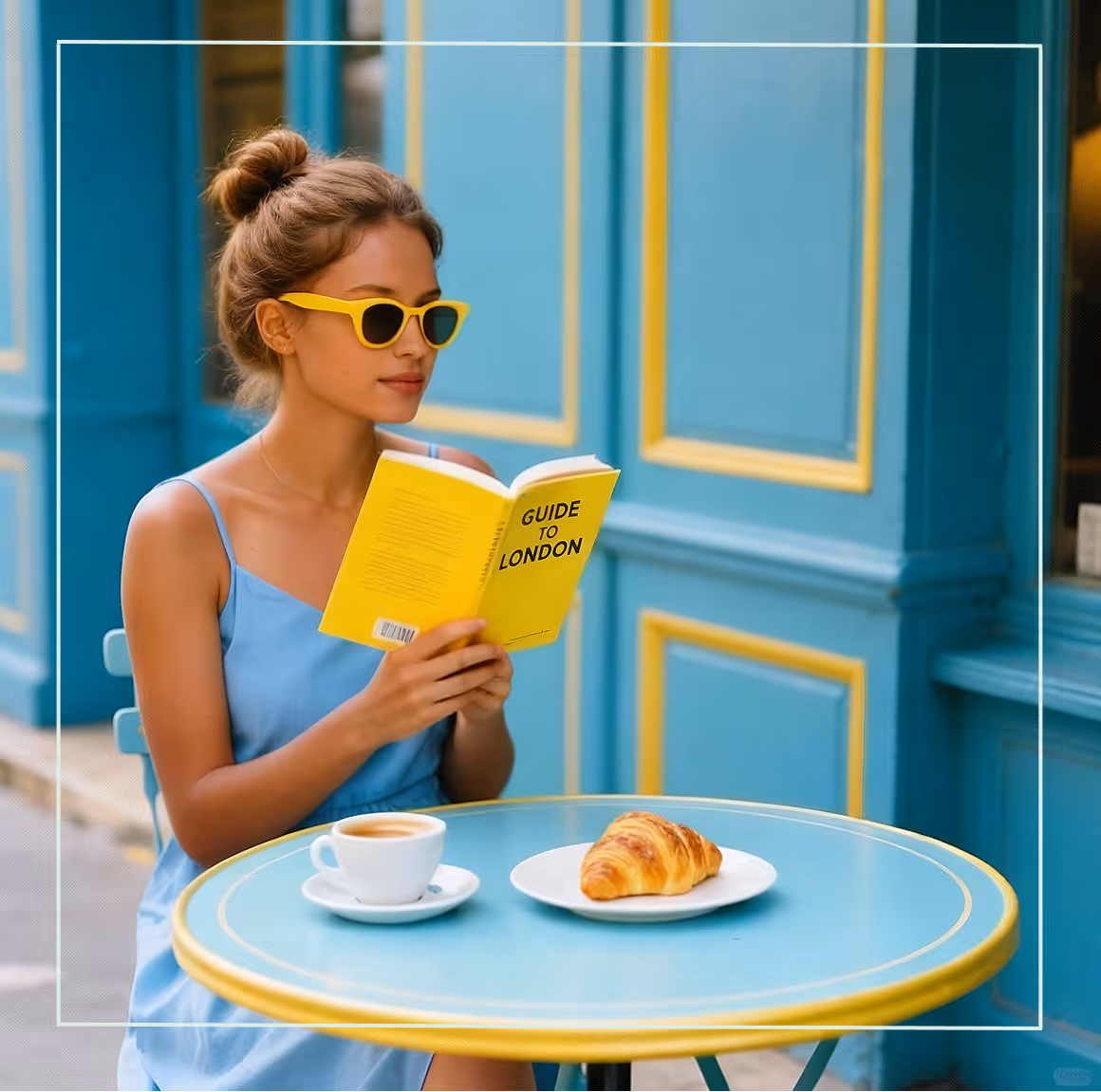 "Young woman in yellow sunglasses reading a yellow guidebook to London at a café table with coffee and croissant."