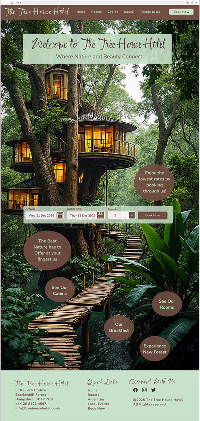 Homepage mockup for The Tree House Hotel in Hampshire, UK—treehouse cabins nestled in a forest, wooden bridge, and nature-inspired design
