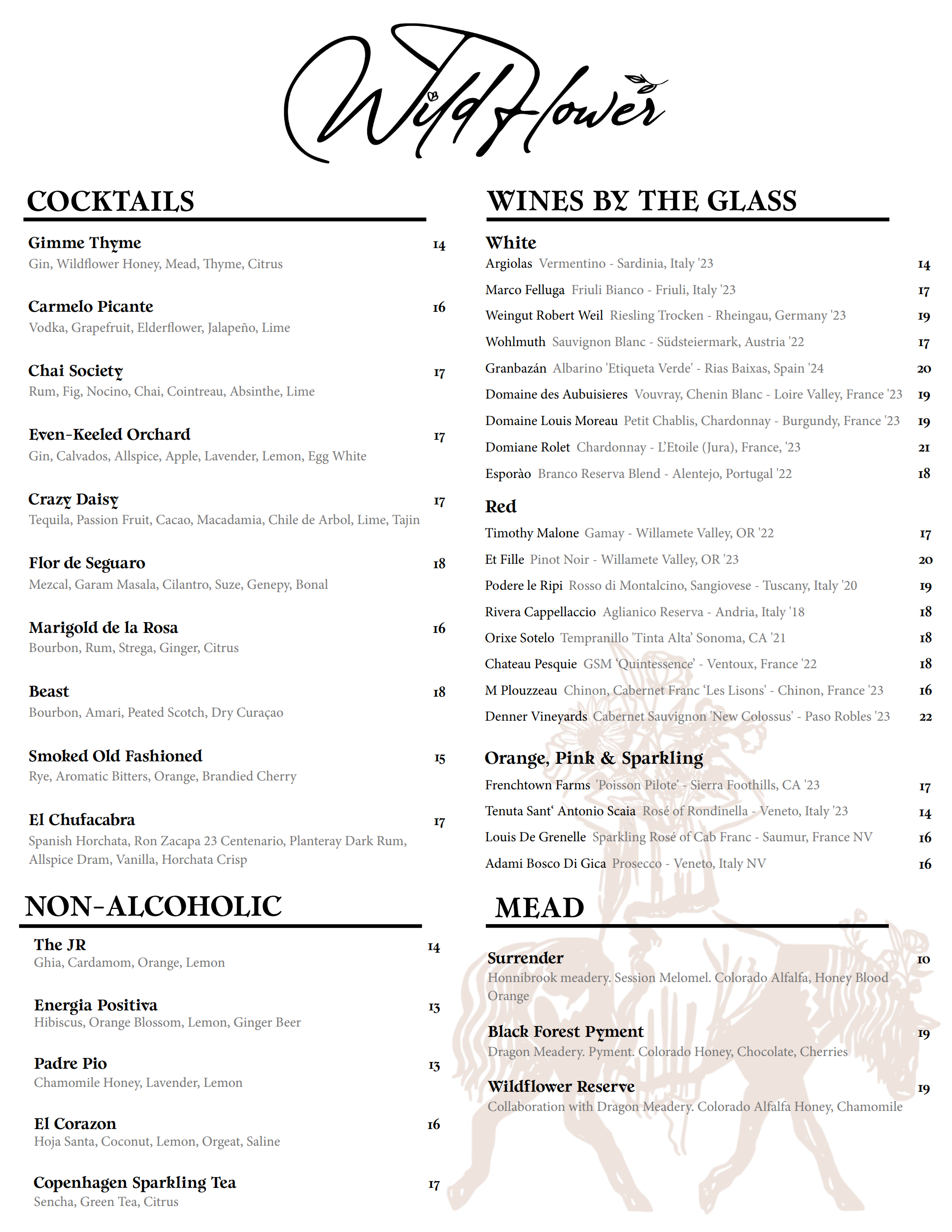 Wildflower menu featuring sections for cocktails, non-alcoholic drinks, wines by the glass in white, red, orange, pink & sparkling, and mead with drink names, ingredients, and prices.