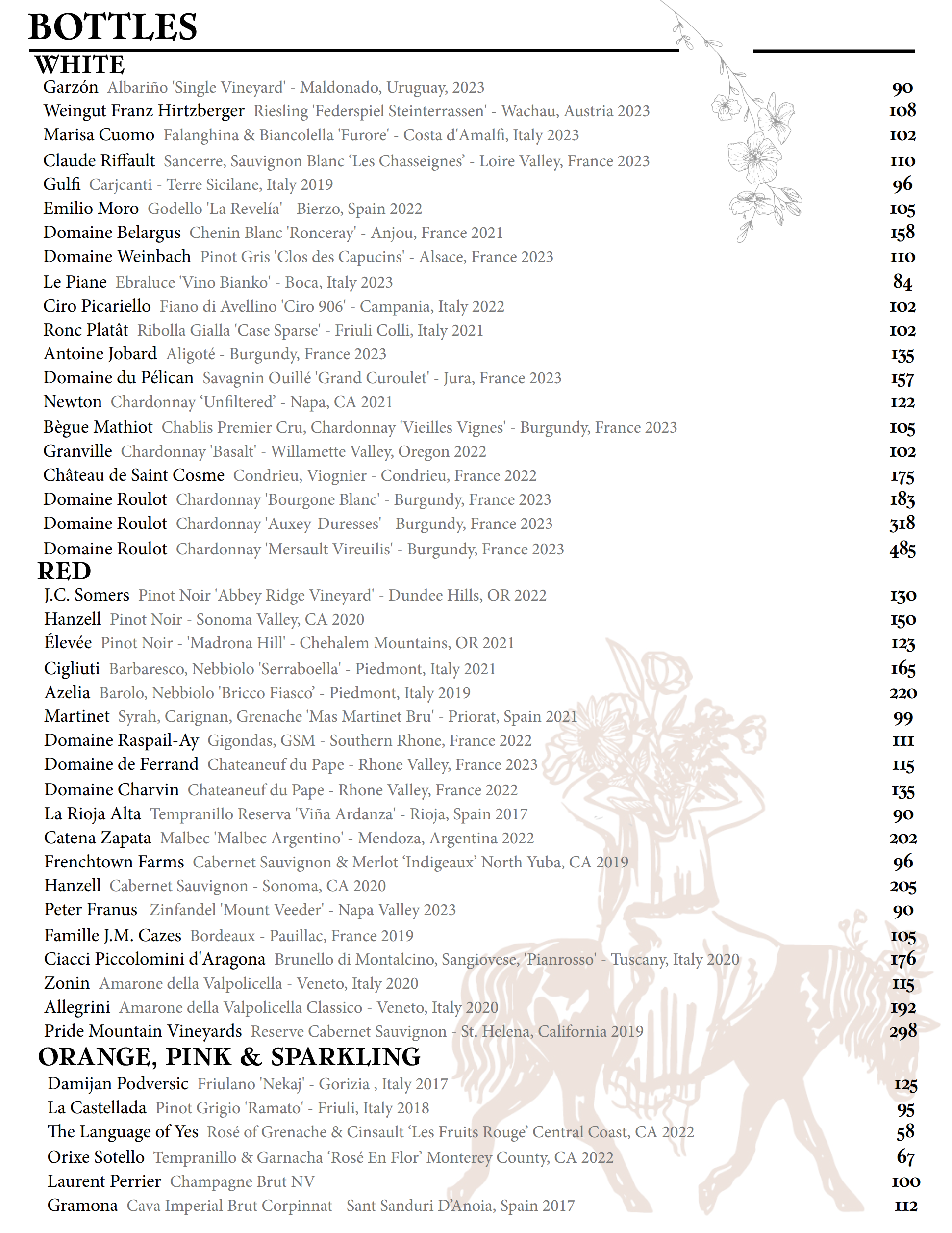 Wine menu listing bottles by category: White, Red, and Orange, Pink & Sparkling, with names, origins, years, and prices on a floral and deer background.
