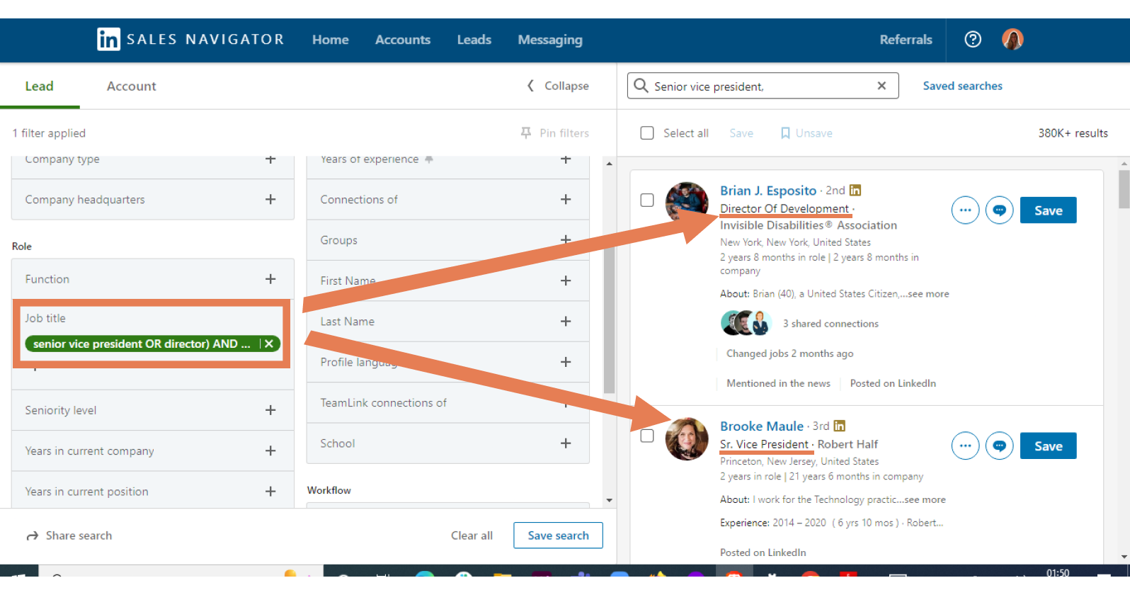 Combine parentheses for your boolean search on sales navigator