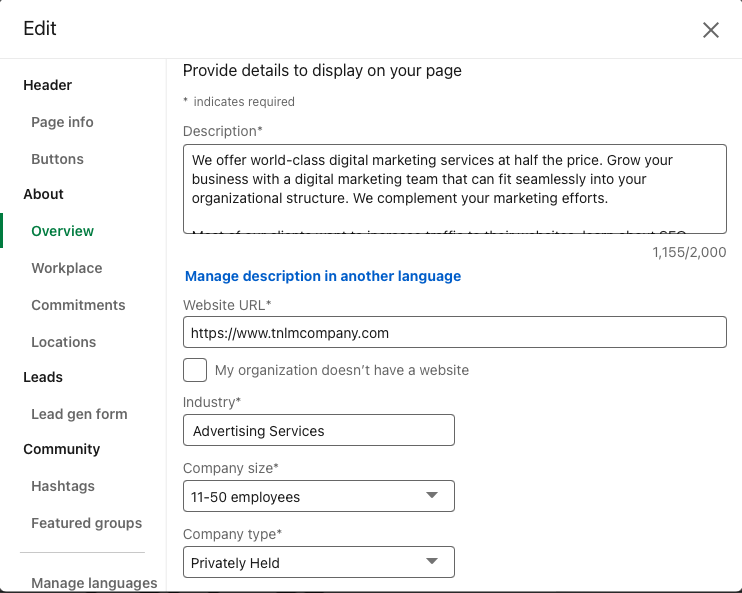 Edit business information of your page on LinkedIn