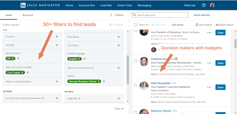 Prospecting : apply filters on LinkedIn