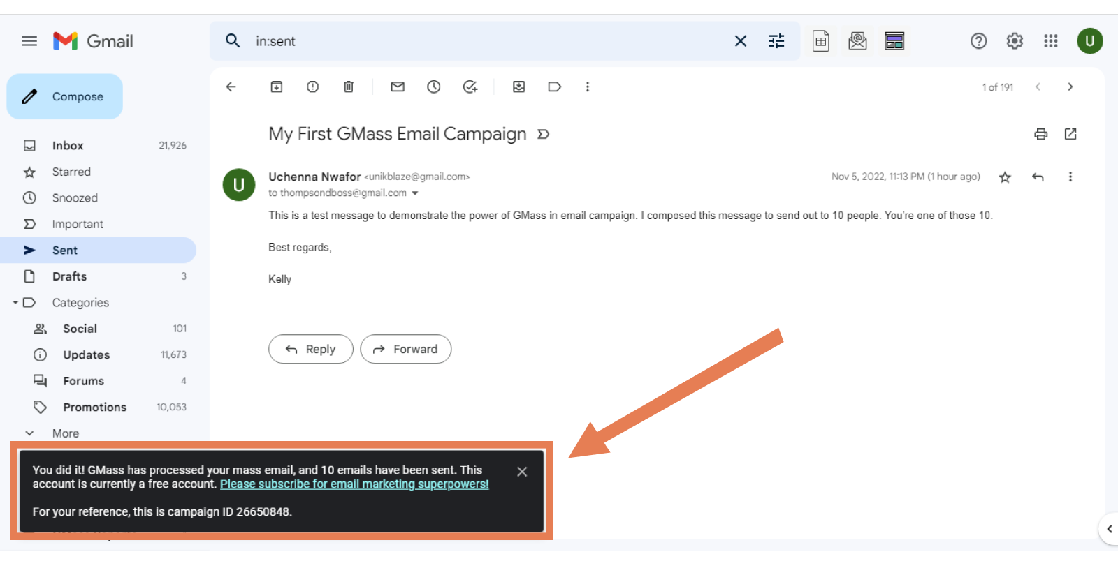 Campaign successfully sent with gmass