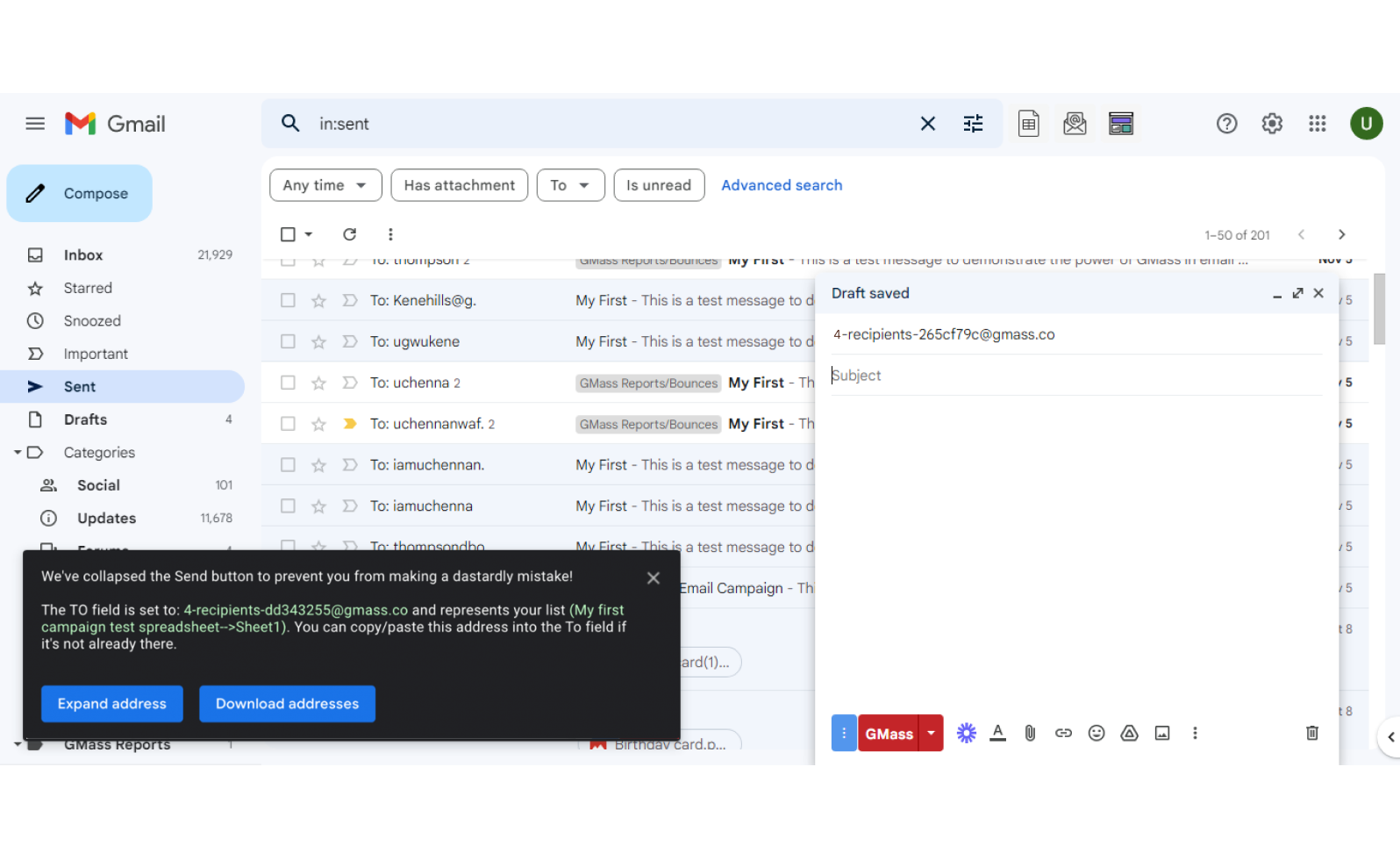 Recipients added to your gmass emails campaign from google