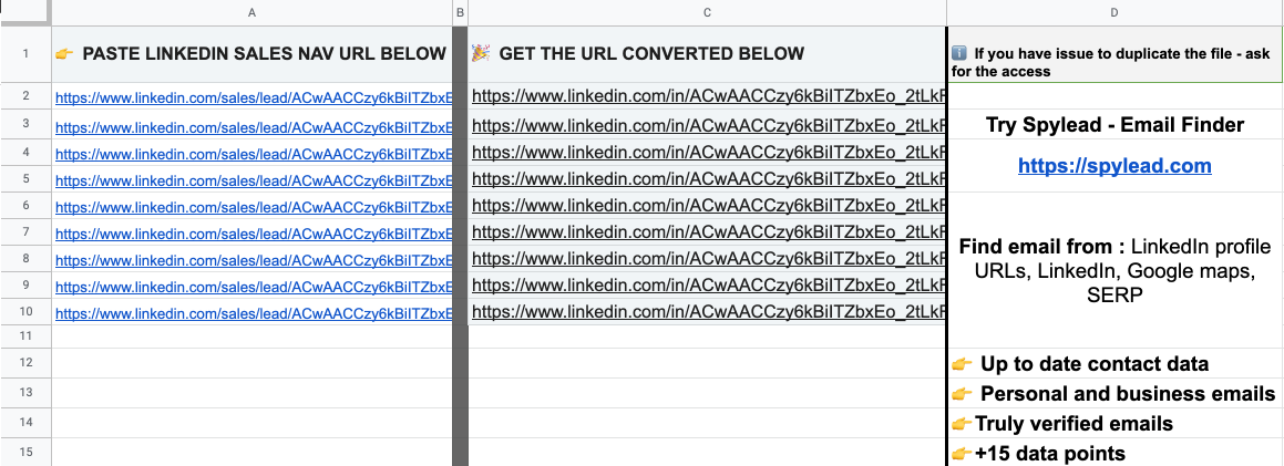Sales navigator URL convertor Spreadsheet