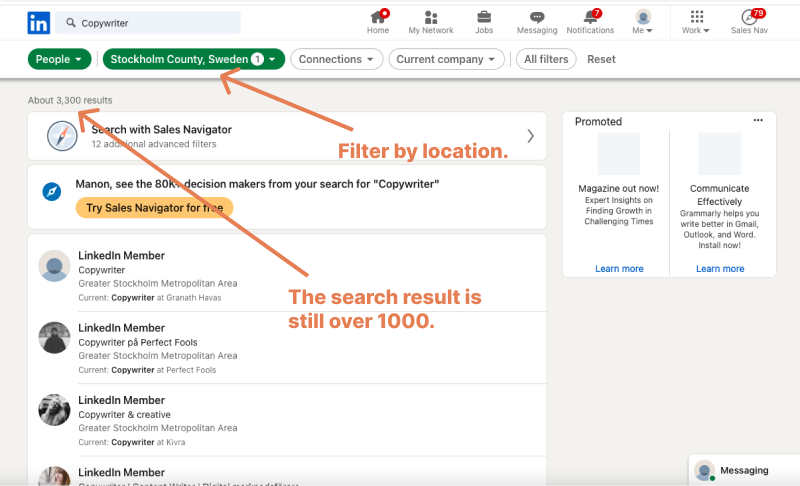 narrow your search on LinkedIn