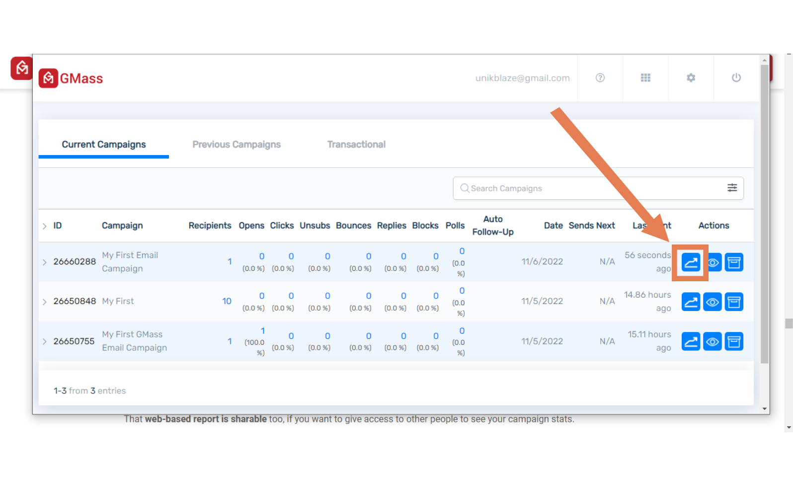 campaign report from the gmass dashboard