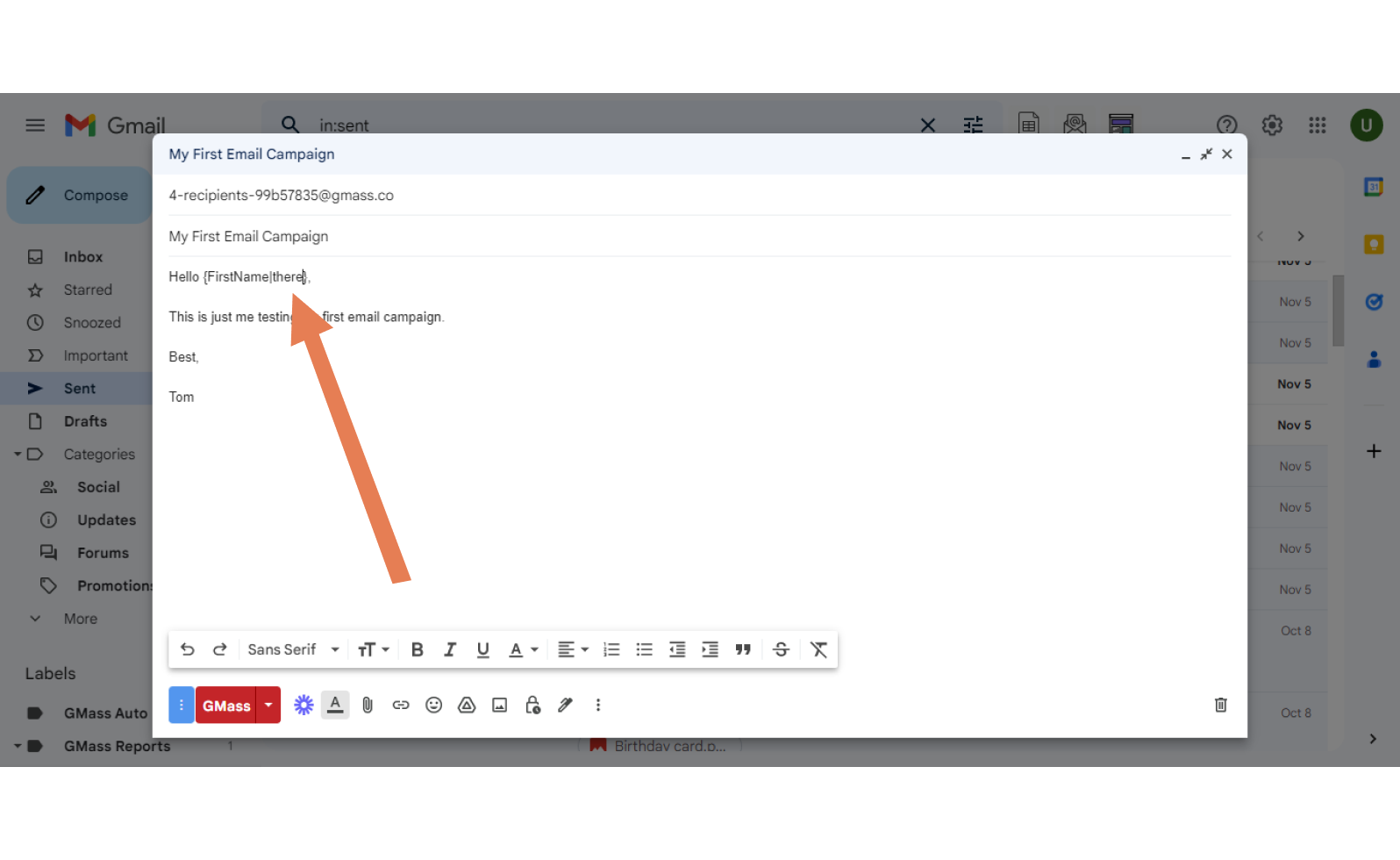 Add custom field with Gmass on your body text