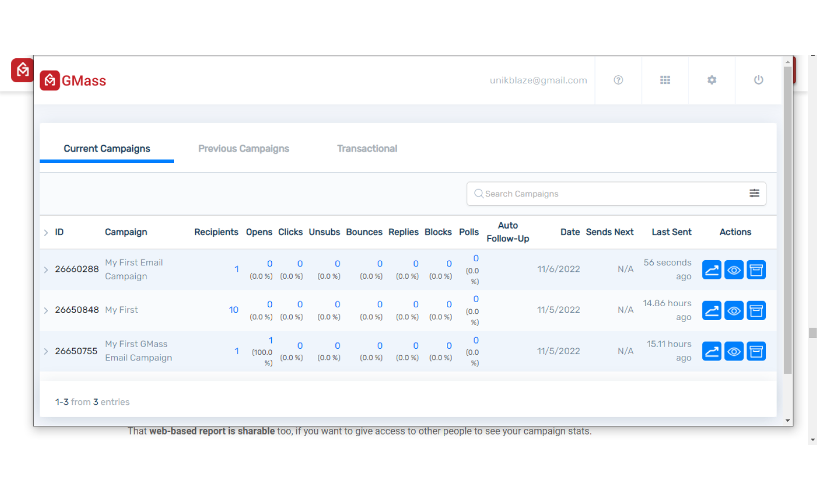Gmass dashboard for reporting