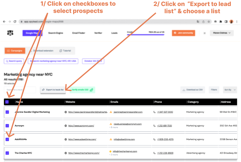 select prospect by clicking on the checkbox