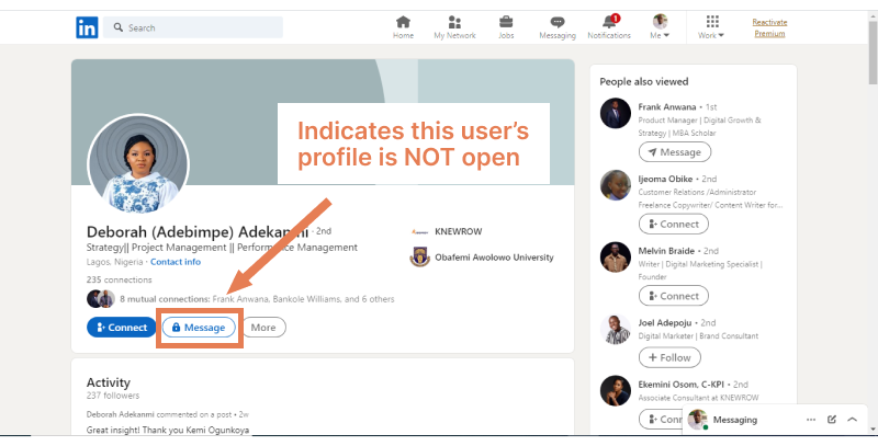 Send a message to open profile on LinkedIn