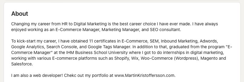 write linkedin summary that fits SEO standards