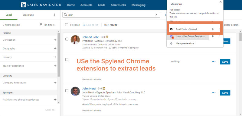 open Spylead chrome extension on sales navigator