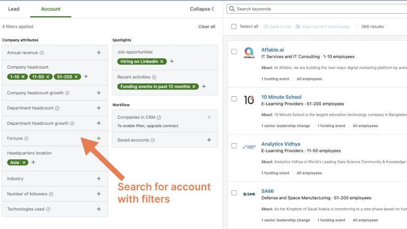 Search on LinkedIn with filters