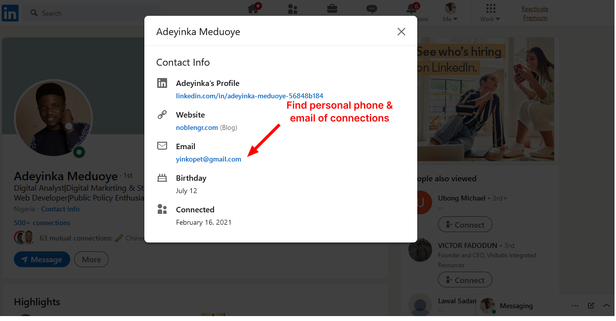 Find personal emails of connections on LinkedIn