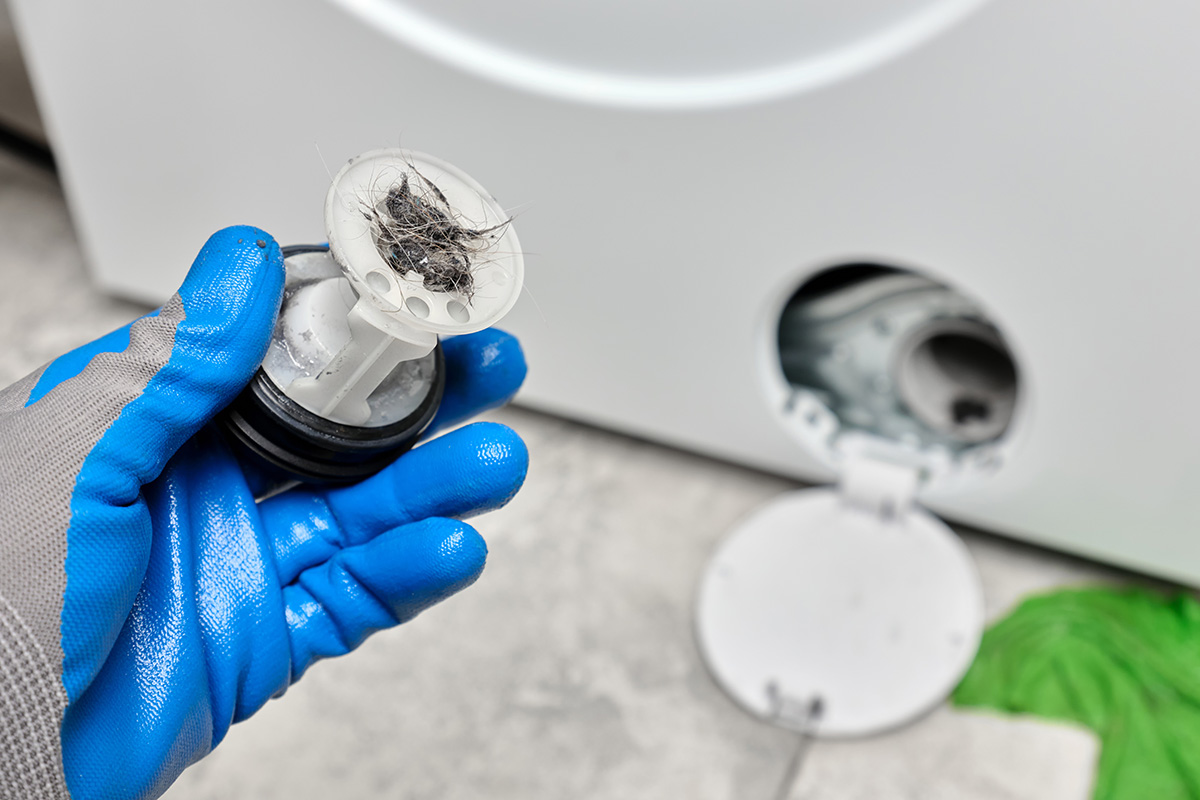 A close-up of a severely clogged washing machine drain pump filter.