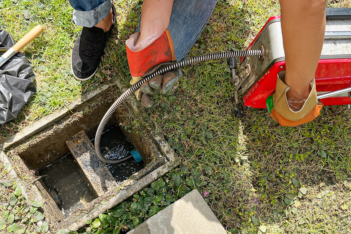 A drain snake being used to clear a drain by snaking an access point in the garden. Outright Plumbing can help determine the source of the clog, and therefore who is responsible for paying for the repairs.