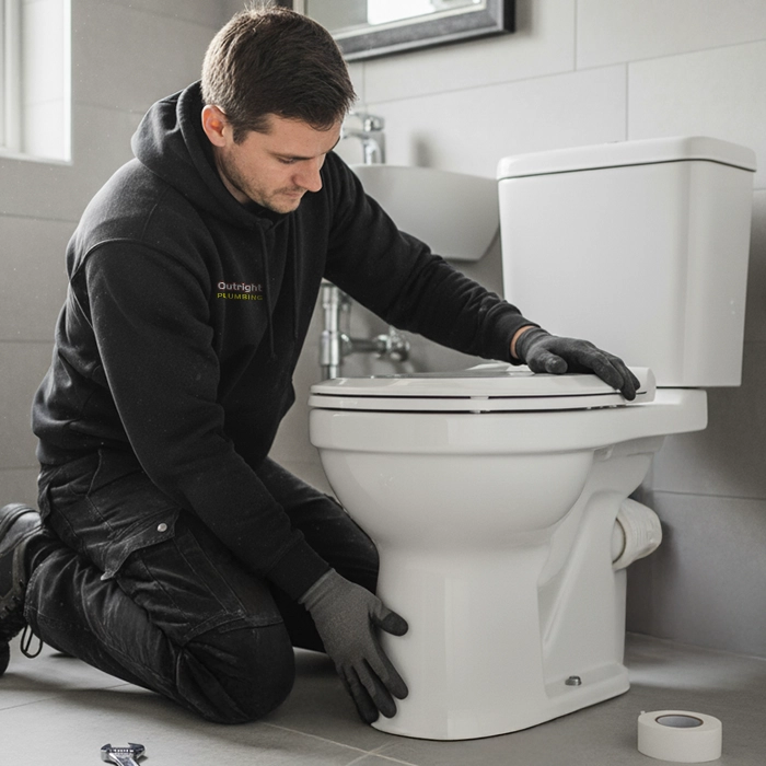 Plumber in black hoodie installing toilet in tiled bathroom