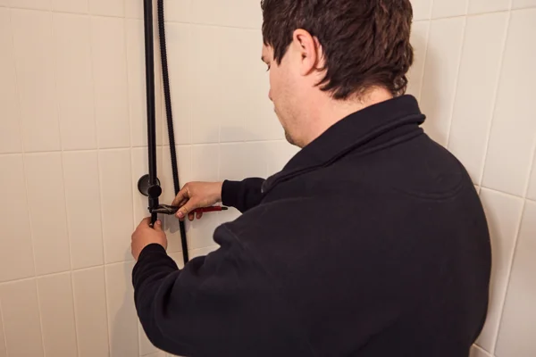 Plumber repairing leaking shower