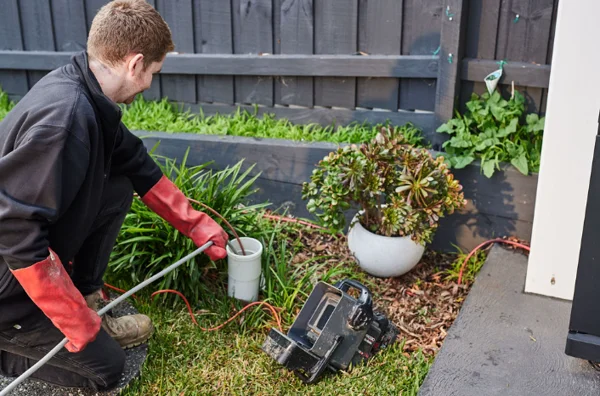 Plumber using a drain inspection camera and drain rod to investigate a blocked stormwater pipe in a garden area