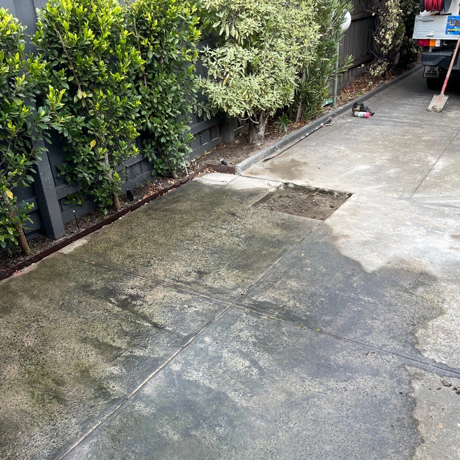 Driveway with a damp patch near a hedge before concrete repair.