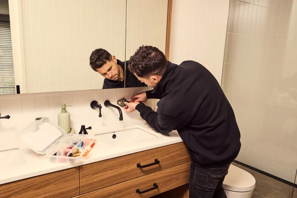 Plumber fixing leaking tap