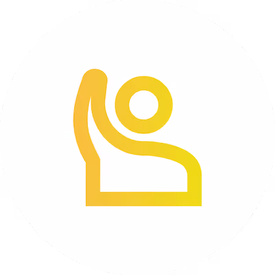A white circle with an icon of someone raising their hand.
