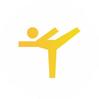 A white circle with an icon of someone exercising.