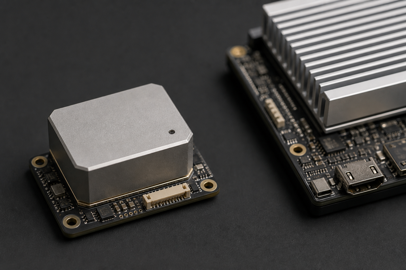 Anonymised OEM inertial module on a carrier board beside a compact compute module
