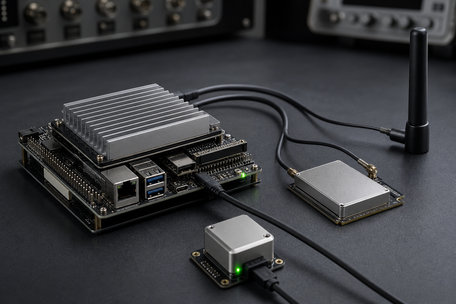 Compact compute board, OEM inertial module and LTE modem on a laboratory bench