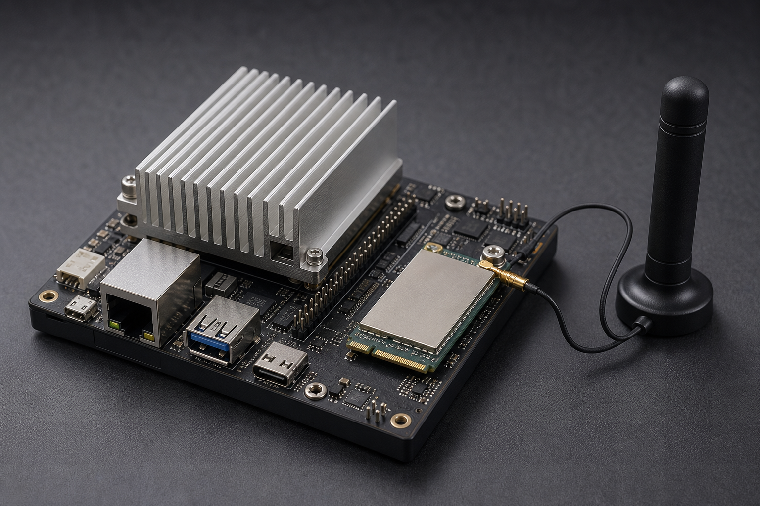 Compact industrial compute board with an LTE modem and antenna