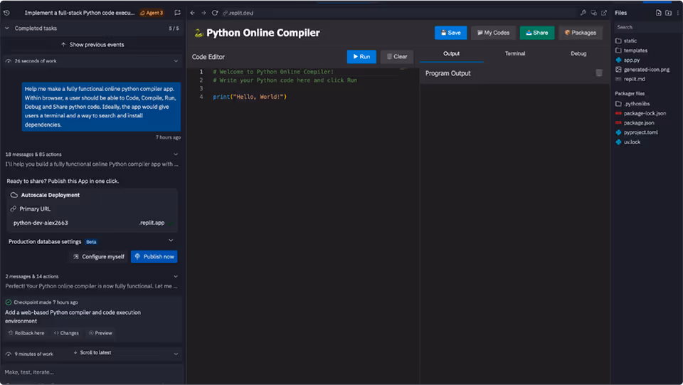 Fact: This entire python compiler app was built in 9 minutes by Replit Agent 3. Run code in any language or develop code through natural language prompts for free with Replit’s autonomous AI.