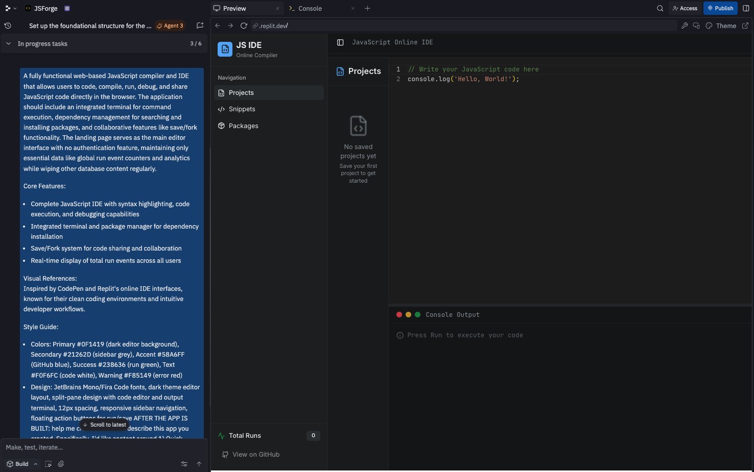 This entire Javascript compiler app was built in 12 minutes by Replit Agent 3. Replit's environment facilitates rapid development, iteration and testing code for users of any technical ability. Develop software faster and better with Replit’s autonomous AI.
