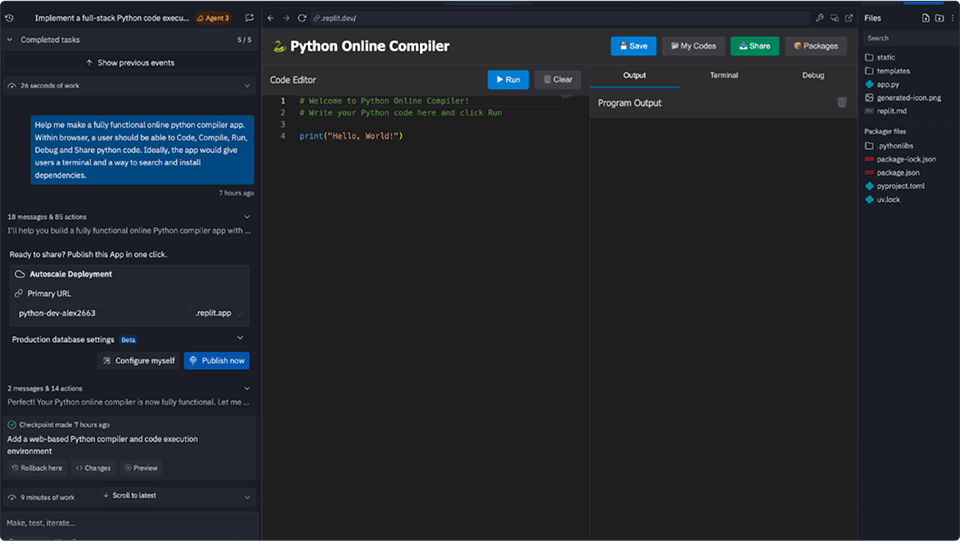 This entire Python compiler was built by Replit Agent 3 from a natural language prompt. Replit's environment facilitates rapid development, iteration and testing code for users of any technical ability. Develop software faster and better with Replit’s autonomous AI. 